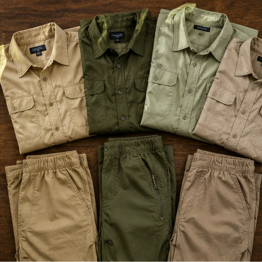 Neutral khaki beige and olive green moisture-wicking clothes for a Kenya safari packing list